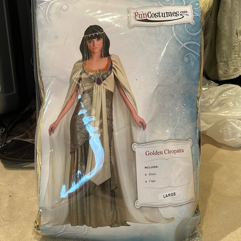 New golden Cleopatra Costume size adult L. Cape attached to dress. Never worn